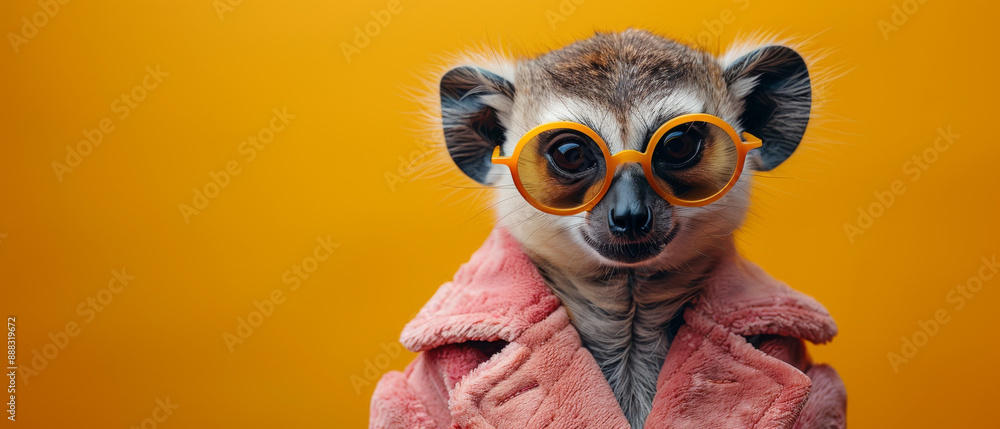 A Lemur Wearing Sunglasses and a Pink Coat in Front of a Yellow Background A Lemur Wearing Sunglasses and a Pink Coat in Front of a Yellow Background