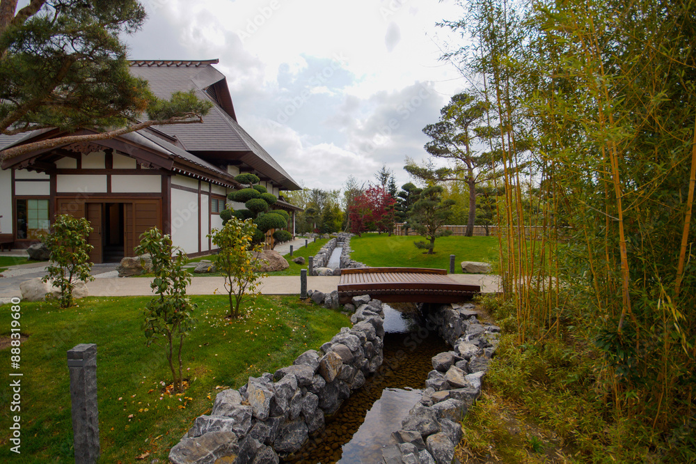 A picturesque place in the Japanese garden Krasnodar. Public landscape of Galician Park. Krasnodar, Russia. April 20, 2024