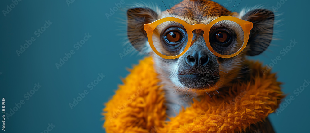 A Curious Lemur Wearing Yellow Glasses and an Orange Fur Collar Against a Teal Background A Curious Lemur Wearing Yellow Glasses and an Orange Fur Collar Against a Teal Background