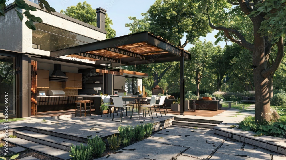 Fototapeta premium modern farmhouse in a suburban setting, featuring an outdoor kitchen and dining area under a pergola, surrounded by mature trees