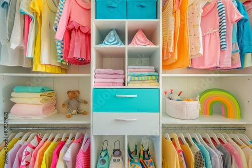 Colorful and organized baby closet with neatly arranged clothes and accessories for nursery organization concept