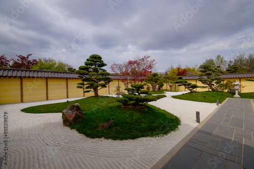 Obraz na płótnie Bonsai pines Pinus mugo or mountain pine in dry landscaped japanese garden in the public landscape park. w salonie