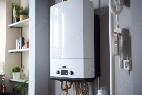 Concept of modern appliance. Side view of new white water heater at the kitchen closet, copy space. Home gas-fired boiler. Installation of household heating equipment in the house