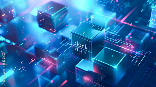 3D rendering of cyancubes next to each other connected chain encoding and sending information. Blockchain security, encryption, mining and digital transactions. Cryptocurrency. NFT non-fungible tokens
