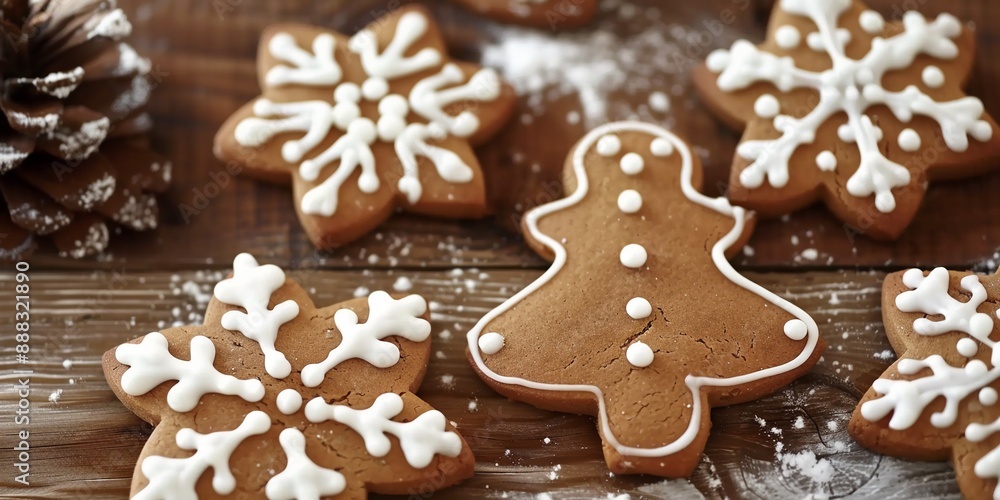 Close up of ginger bread cookies on wooden cutting board with fir and pine cones decorations with copy space, Merry Christmas dessert holiday food backgrounds. Close up of ginger bread cookies on wooden cutting board with fir and pine cones decorations with copy space, Merry Christmas dessert holiday food backgrounds.