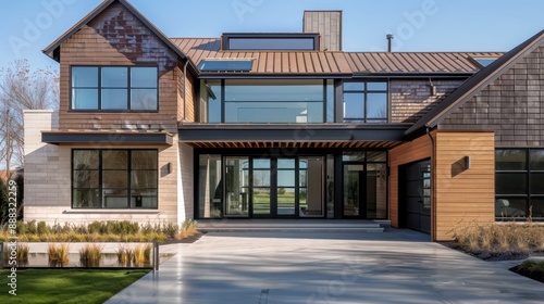 modern suburban farmhouse with a bold, industrial design, featuring a corrugated metal roof and large, factory-style windows