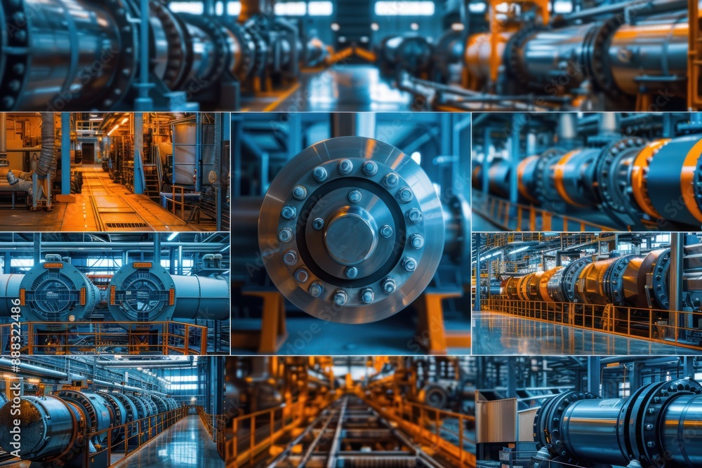 Naklejka premium A collage of images showcasing the interior of a large industrial manufacturing facility