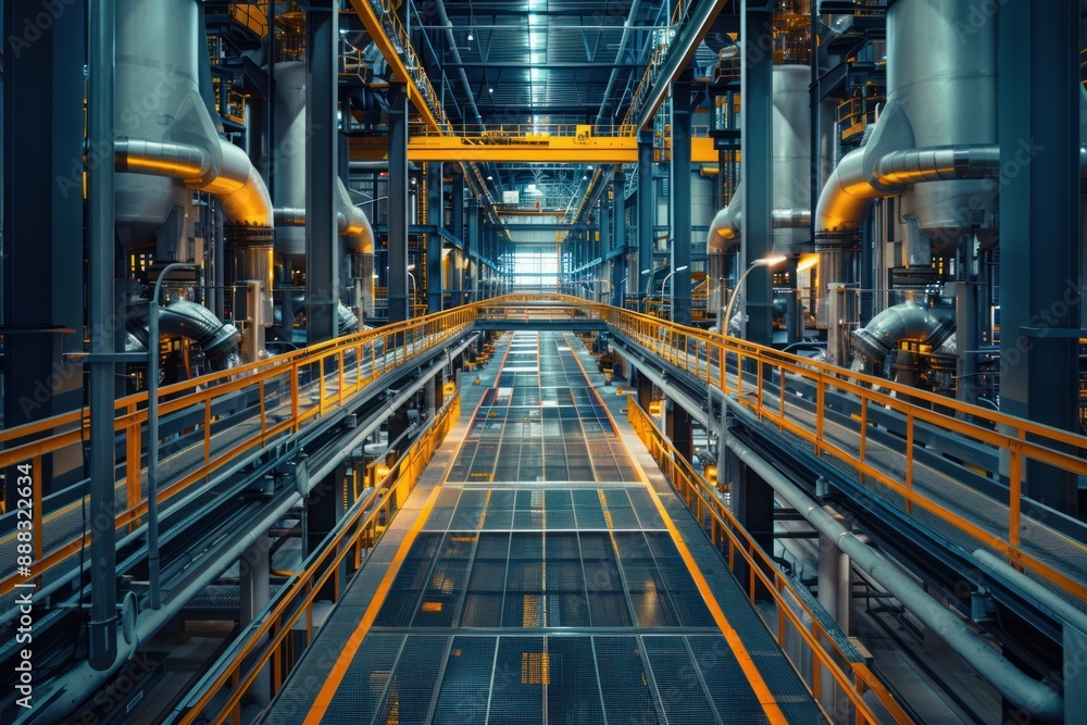 A long, narrow walkway with yellow handrails leads through a large industrial facility A long, narrow walkway with yellow handrails leads through a large industrial facility