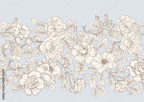 Rose flowers, Seamless pattern, background. Vector illustration. Outline hand drawing.