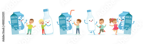 Little Children and Humanized Milk in Bottle and Carton Vector Set