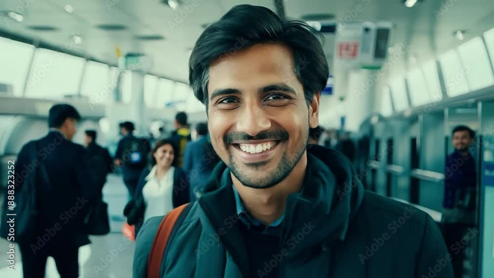 Confident man looking happy in a busy airport with a natural face expression. Confident man looking happy in a busy airport with a natural face expression.