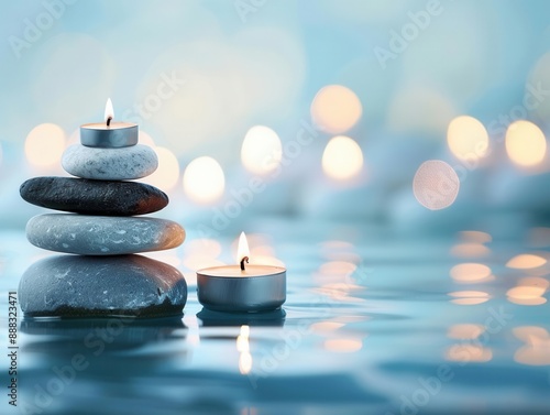 Serene spa setting with stacked stones and lit candles on water, creating a peaceful and relaxing atmosphere with soft bokeh lights in the background.