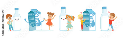 Little Children and Humanized Milk in Bottle and Carton Vector Set