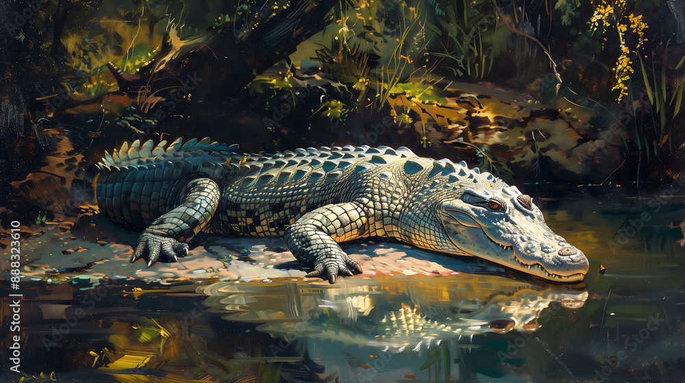 Fototapeta premium crocodile lounging on the edge of an ancient river, its scales shimmer in the sunlight, in the style of oil painting