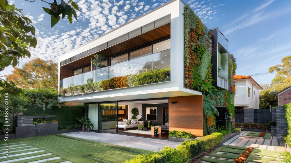 Obraz premium modern suburban home with an eco-friendly design, including a green living wall and a roof terrace garden, set in a peaceful neighborhood