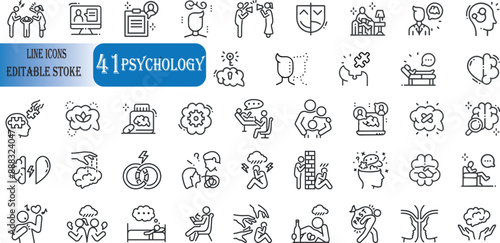 Set of 41 outline icons related to psychology.