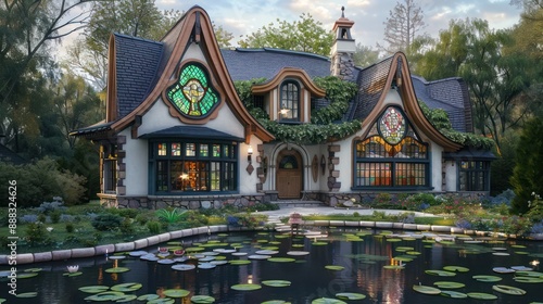 suburban cottage with a storybook appearance, featuring a curved shingle roof, stained glass windows, and a surrounding moat with lily pads