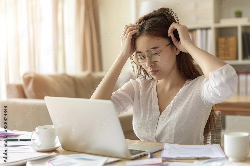 Upset and angry woman sitting at her desk, holding her head as if she is feeling unwell or stressed due to work Upset and angry woman sitting at her desk, holding her head as if she is feeling unwell or stressed due to work