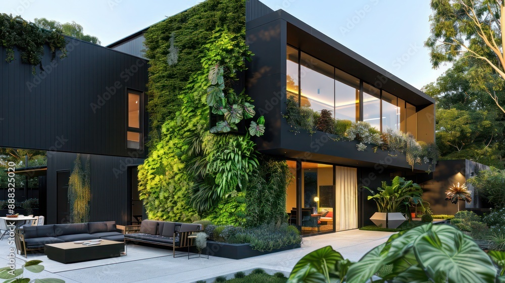 Fototapeta premium modern suburban retreat with a sleek black exterior and a vibrant green living wall, complemented by a minimalist outdoor seating area