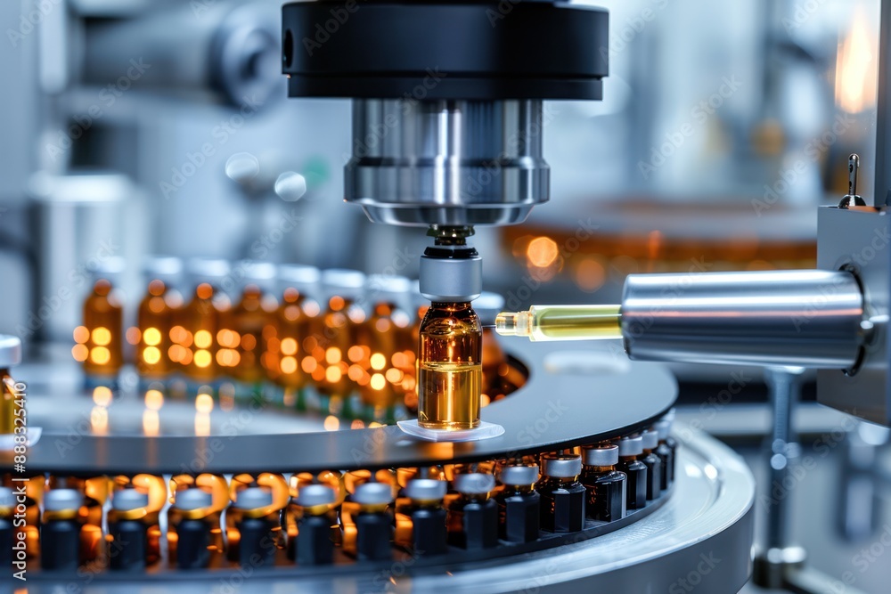 A close-up of a pharmaceutical vial filling machine filling vials with a clear liquid A close-up of a pharmaceutical vial filling machine filling vials with a clear liquid