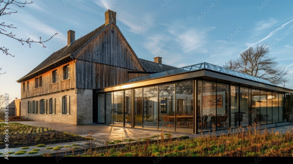 panoramic shot of a suburban farmhouse with a traditional wooden fa? section ade and a modern glass extension, blending old with new panoramic shot of a suburban farmhouse with a traditional wooden fa? section ade and a modern glass extension, blending old with new
