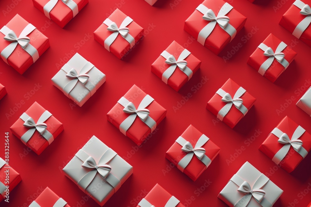 Obraz premium 3D render of gift boxes pattern on red background