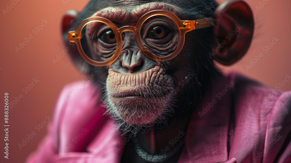 Close Up Portrait of a Chimpanzee Wearing Round Glasses and a Pink Jacket Close Up Portrait of a Chimpanzee Wearing Round Glasses and a Pink Jacket