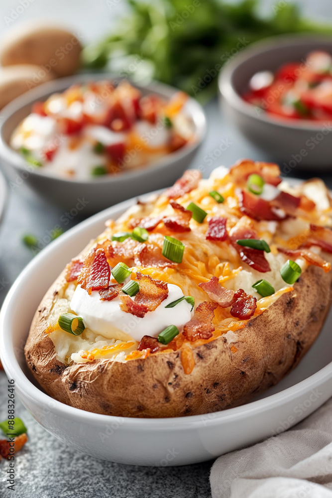 A white bowl of mashed potatoes with bacon and cheese on top A white bowl of mashed potatoes with bacon and cheese on top