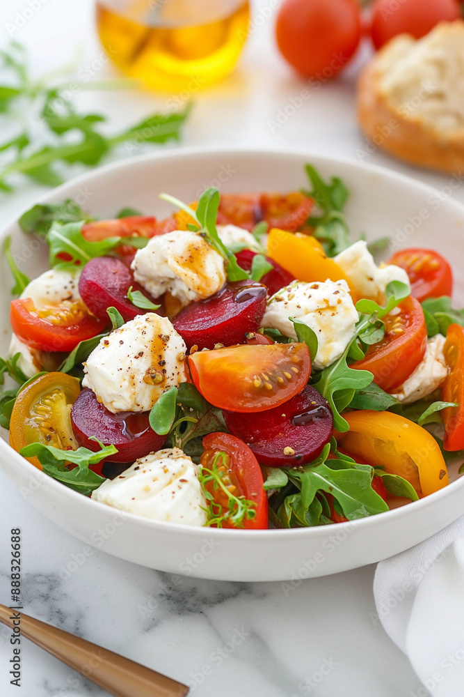 A bowl of salad with tomatoes, beets, and greens A bowl of salad with tomatoes, beets, and greens