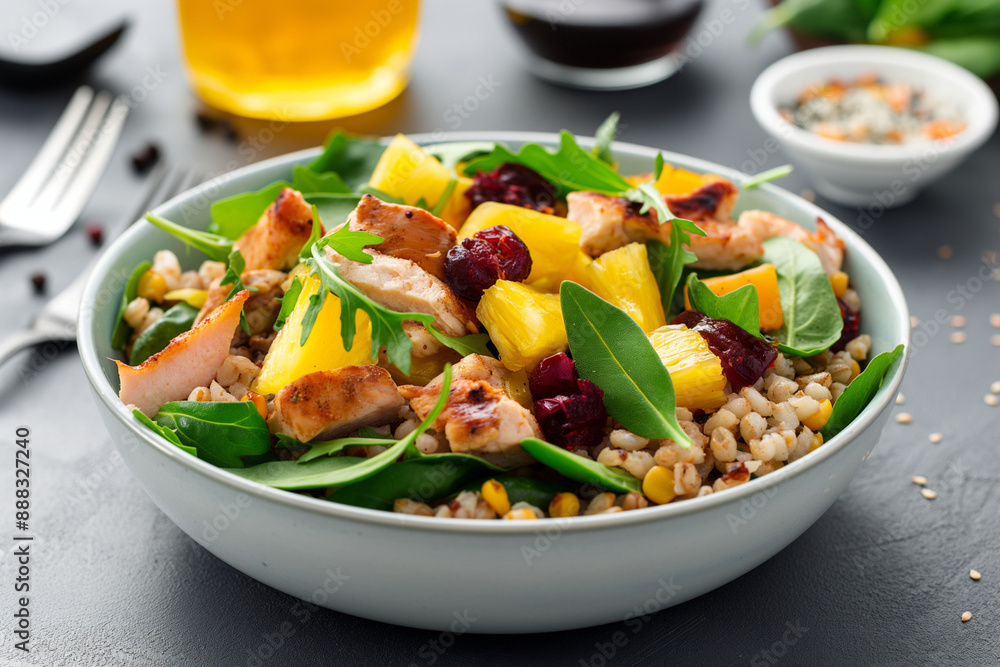 A bowl of food with a variety of ingredients including chicken, corn, and greens A bowl of food with a variety of ingredients including chicken, corn, and greens