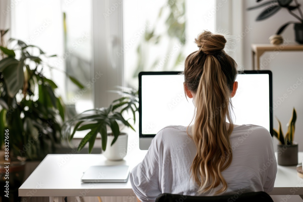 Over shoulder shot of a young professional woman using computer laptop in front of an blank white computer screen in home Over shoulder shot of a young professional woman using computer laptop in front of an blank white computer screen in home