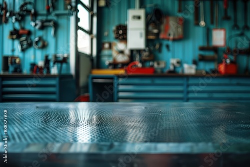 Wallpaper Mural A metal blank tabletop with blurred automotive tools and parts in the background suitable for promoting automotive products Torontodigital.ca