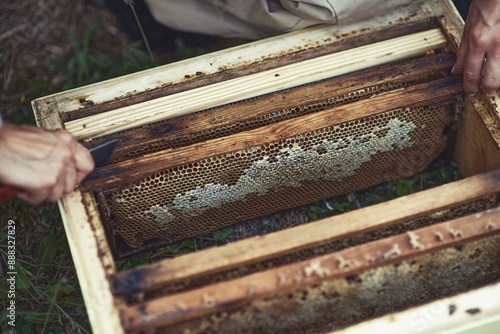 Beekeeper is working with bees and beehives on the apiary.