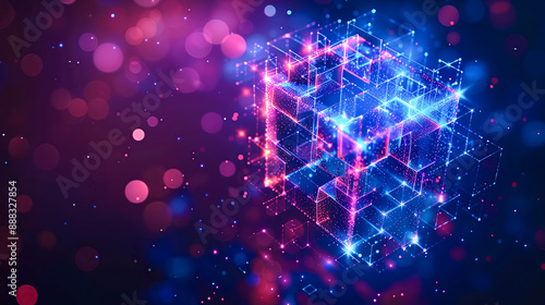 Binary code holograms of a large cube formed by many cubes . Peer-to-peer P2P. Concept of Blockchain security, encryption, mining and digital data transactions. Cryptocurrency. NFT non-fungible tokens