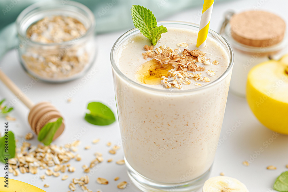 Two glasses of smoothies with banana slices and oatmeal on the table Two glasses of smoothies with banana slices and oatmeal on the table