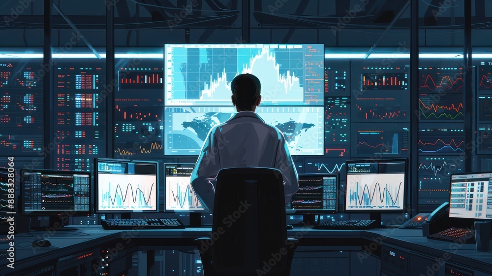 A man works as an operator specialist in a computer data center in front of many monitors with charts and data A man works as an operator specialist in a computer data center in front of many monitors with charts and data
