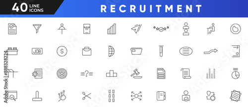 Recruitment line icon set. Headhunting, employee, management, working conditions, teamwork, business, job search, interview, company, and job fair outline icon collection. UI thin outline icon set.