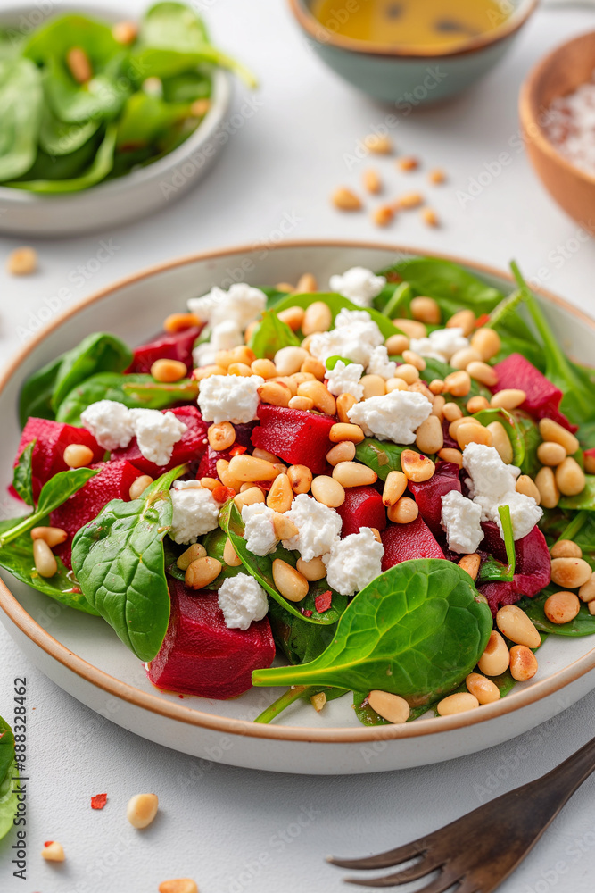 A salad with spinach, nuts, and cheese is served in a white bowl A salad with spinach, nuts, and cheese is served in a white bowl