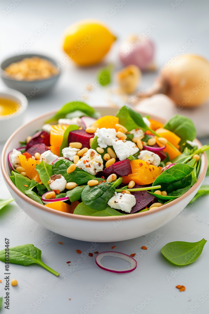A bowl of salad with spinach, beets, and cheese A bowl of salad with spinach, beets, and cheese