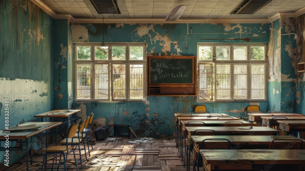 Obraz premium A shabby and abandoned school classroom. The topic is the crisis of school education in poor countries.
