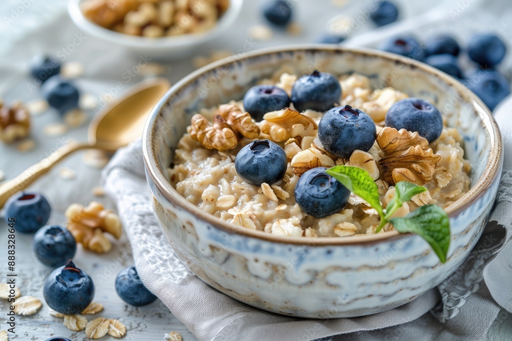 Oatmeal with Walnuts. Healthy Breakfast Porridge with Blueberries in White Bowl Oatmeal with Walnuts. Healthy Breakfast Porridge with Blueberries in White Bowl