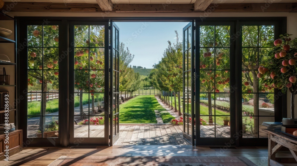rustic yet modern suburban farmhouse with expansive glass doors that open to a backyard orchard of apple trees rustic yet modern suburban farmhouse with expansive glass doors that open to a backyard orchard of apple trees