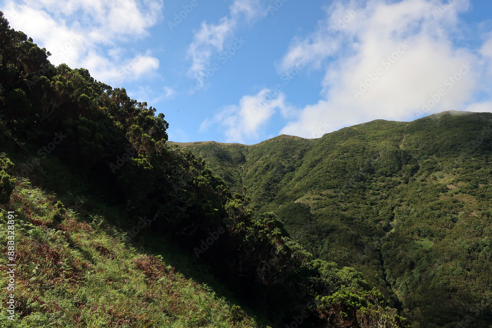View of the hiking trail starting in Serra do Topo - Caldeira Santo Cristo - Fajã dos Cubres in São Jorge island, Azores, Portugal. View of the hiking trail starting in Serra do Topo - Caldeira Santo Cristo - Fajã dos Cubres in São Jorge island, Azores, Portugal.