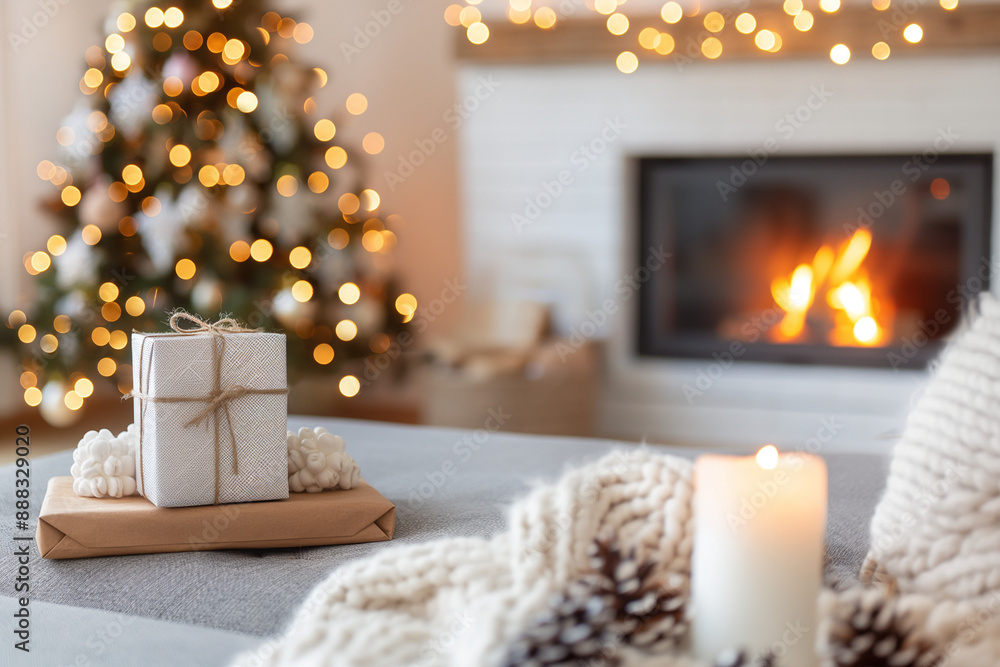 A white box with a bow on top sits on a table next to a fireplace A white box with a bow on top sits on a table next to a fireplace