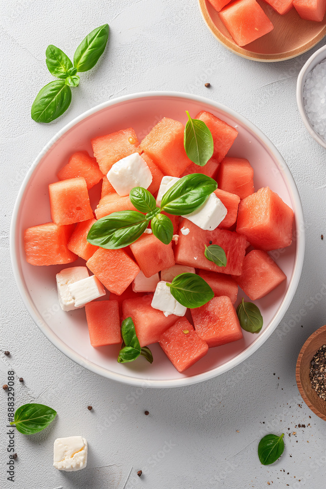 A bowl of watermelon and feta cheese with a few leaves of basil on top A bowl of watermelon and feta cheese with a few leaves of basil on top