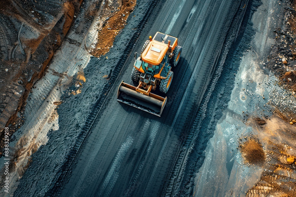 A tractor is grading a dirt road at a construction site, viewed from above A tractor is grading a dirt road at a construction site, viewed from above