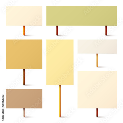 Blank colorful protest sign with wooden holder. Realistic vector demonstration banner. Strike action cardboard placard mockup