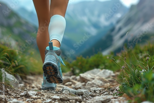 Hiking in the mountains. Female legs with sports shoes and backpack running on a trail mountain