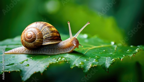 A slug on a leaf with dew drops and rainwater.