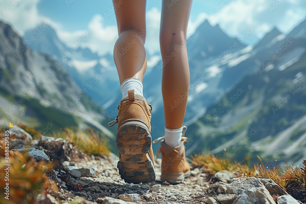Hiking in the mountains. Female legs with sports shoes and backpack running on a trail mountain Hiking in the mountains. Female legs with sports shoes and backpack running on a trail mountain